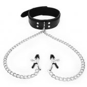 Черный ошейник с зажимами на соски на цепочке - Notabu - купить с доставкой в Комсомольске-на-Амуре