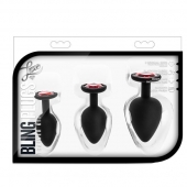 Набор черных анальных пробок с красным кристаллом-сердечком Bling Plugs Training Kit - Blush Novelties - купить с доставкой в Комсомольске-на-Амуре