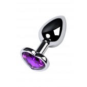 Серебристая коническая анальная пробка с фиолетовым кристаллом-сердечком - 7 см. - ToyFa - купить с доставкой в Комсомольске-на-Амуре