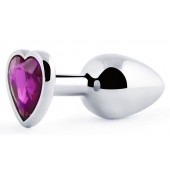 Серебристая анальная пробка с фиолетовым кристаллом-сердечком - 8 см. - Anal Jewelry Plug - купить с доставкой в Комсомольске-на-Амуре