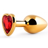 Золотистая анальная пробка с красным стразом-сердечком - 8 см. - Anal Jewelry Plug - купить с доставкой в Комсомольске-на-Амуре