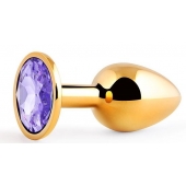 Золотистая анальная пробка с фиолетовым стразом - 7,2 см. - Anal Jewelry Plug - купить с доставкой в Комсомольске-на-Амуре