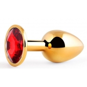 Золотистая анальная пробка с красным стразом - 7,2 см. - Anal Jewelry Plug - купить с доставкой в Комсомольске-на-Амуре