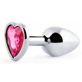 Серебристая анальная пробка с розовым кристаллом-сердечком - 7 см. - Anal Jewelry Plug - купить с доставкой в Комсомольске-на-Амуре