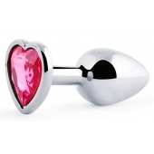 Серебристая анальная пробка с малиновым кристаллом-сердечком - 7 см. - Anal Jewelry Plug - купить с доставкой в Комсомольске-на-Амуре