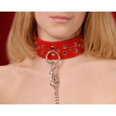 Красный кожаный ошейник с карабином и поводком - Sitabella - купить с доставкой в Комсомольске-на-Амуре