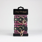 Черные кожаные наручники с розовой строчкой - Crazy Handmade - купить с доставкой в Комсомольске-на-Амуре Черные кожаные наручники с розовой строчкой - Crazy Handmade - купить с доставкой в Комсомольске-на-Амуре