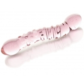 Двусторонний розовый фаллос  с рёбрами и точками - 19,5 см. - Sexus купить с доставкой в интернет-магазине Orgasmix в Комсомольске-на-Амуре Двусторонний розовый фаллос  с рёбрами и точками - 19,5 см. - Sexus