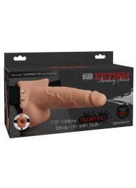 Телесный полый страпон с имитацией эякуляции 7.5  Hollow Squirting Strap-On with Balls Flesh - 21,6 см. - Pipedream - купить с доставкой в Комсомольске-на-Амуре