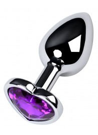 Серебристая коническая анальная пробка с фиолетовым кристаллом-сердечком - 7 см. - ToyFa - купить с доставкой в Комсомольске-на-Амуре