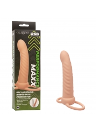 Телесная насадка для двойного проникновения Rechargeable Ribbed Dual Penetrator с вибрацией - California Exotic Novelties - купить с доставкой в Комсомольске-на-Амуре