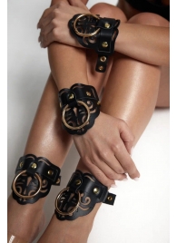 Черные кожаные оковы с резными узорами и клепками - Crazy Handmade - купить с доставкой в Комсомольске-на-Амуре