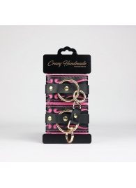 Черные кожаные наручники с розовой строчкой - Crazy Handmade - купить с доставкой в Комсомольске-на-Амуре