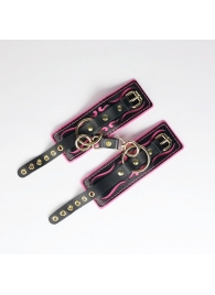 Черные кожаные наручники с розовой строчкой - Crazy Handmade - купить с доставкой в Комсомольске-на-Амуре