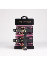 Черные кожаные оковы с розовой строчкой - Crazy Handmade - купить с доставкой в Комсомольске-на-Амуре