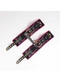 Черные кожаные оковы с розовой строчкой - Crazy Handmade - купить с доставкой в Комсомольске-на-Амуре