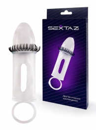 Закрытая насадка на пенис с подхватом мошонки и стимулирующими «ресничками» - Sextaz - в Комсомольске-на-Амуре купить с доставкой