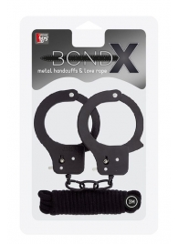 Чёрные наручники из листового металла в комплекте с веревкой BONDX METAL CUFFS LOVE ROPE SET - Dream Toys - купить с доставкой в Комсомольске-на-Амуре