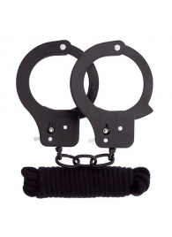 Чёрные наручники из листового металла в комплекте с веревкой BONDX METAL CUFFS LOVE ROPE SET - Dream Toys - купить с доставкой в Комсомольске-на-Амуре