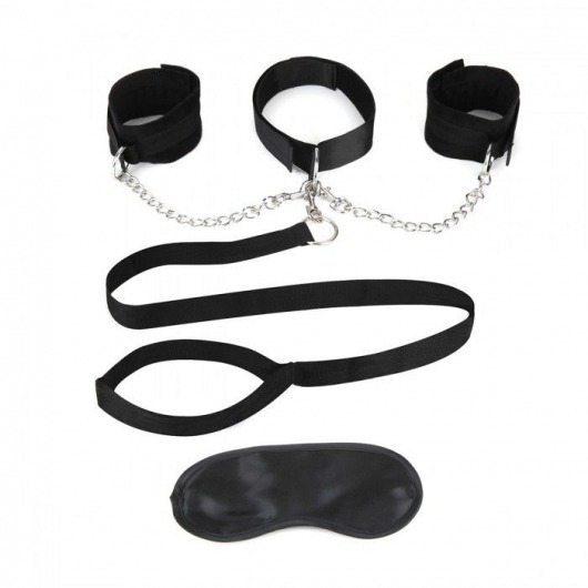 Чёрный ошейник с наручниками и поводком Collar Cuffs   Leash Set - Lux Fetish - купить с доставкой в Комсомольске-на-Амуре