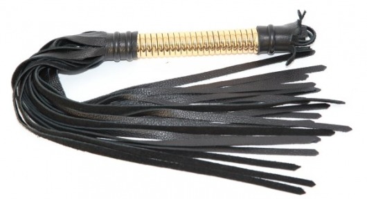 Чёрная плетка  из натуральной кожи с золотистой отделкой рукояти - БДСМ Арсенал - купить с доставкой в Комсомольске-на-Амуре