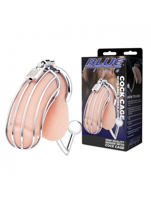 Серебристая металлическая клетка с анальным стимулятором Cock Cage - BlueLine - купить с доставкой в Комсомольске-на-Амуре