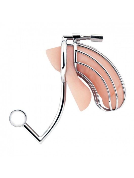 Серебристая металлическая клетка с анальным стимулятором Cock Cage - BlueLine - купить с доставкой в Комсомольске-на-Амуре