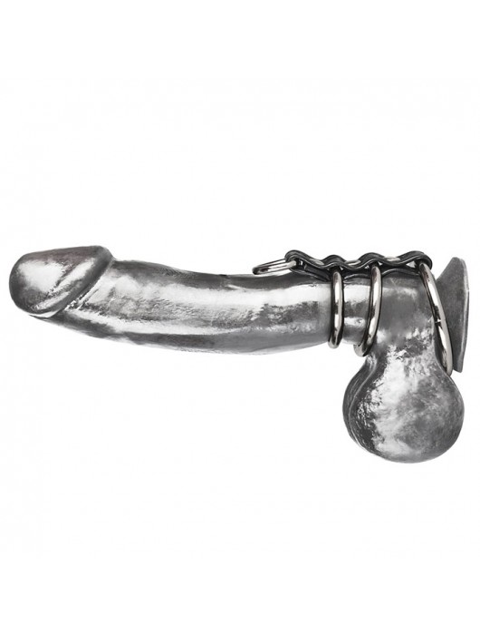 Хомут на пенис из трех металлических колец и кольца для привязи 3 RING GATES OF HELL - BlueLine - купить с доставкой в Комсомольске-на-Амуре