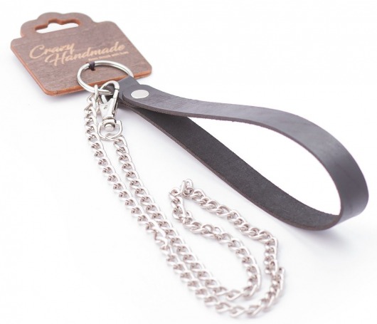 Серебристый металлический поводок с кожаной черной ручкой - 80 см. - Crazy Handmade - купить с доставкой в Комсомольске-на-Амуре