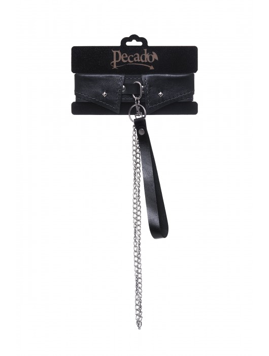 Черный кожаный ошейник-воротник с поводком - Pecado - купить с доставкой в Комсомольске-на-Амуре