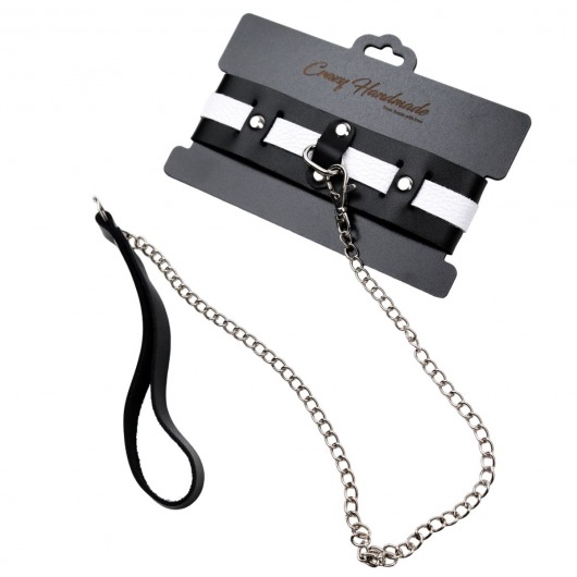 Черно-белый кожаный ошейник с поводком-цепочкой - Crazy Handmade - купить с доставкой в Комсомольске-на-Амуре