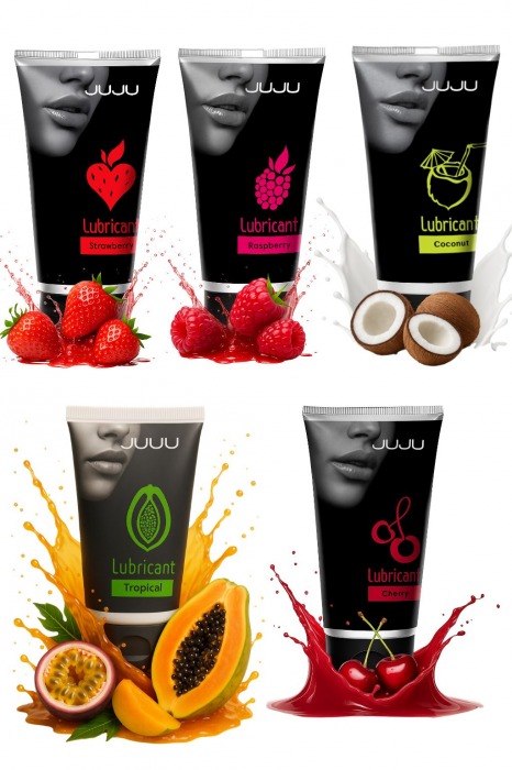 Набор из 5 съедобных лубрикантов JUJU (клубника, малина, тропические фрукты, вишня, кокос) - JuJu - купить с доставкой в Комсомольске-на-Амуре