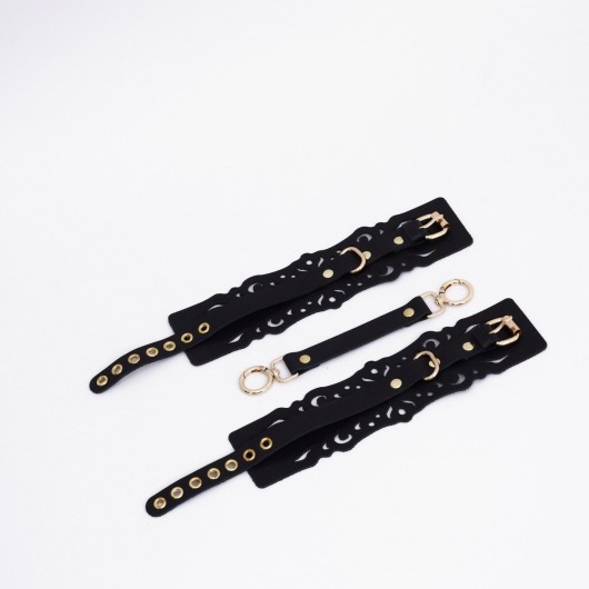 Черный кожаные оковы с узорами и золотистой фурнитурой - Crazy Handmade - купить с доставкой в Комсомольске-на-Амуре Черный кожаные оковы с узорами и золотистой фурнитурой - Crazy Handmade - купить с доставкой в Комсомольске-на-Амуре