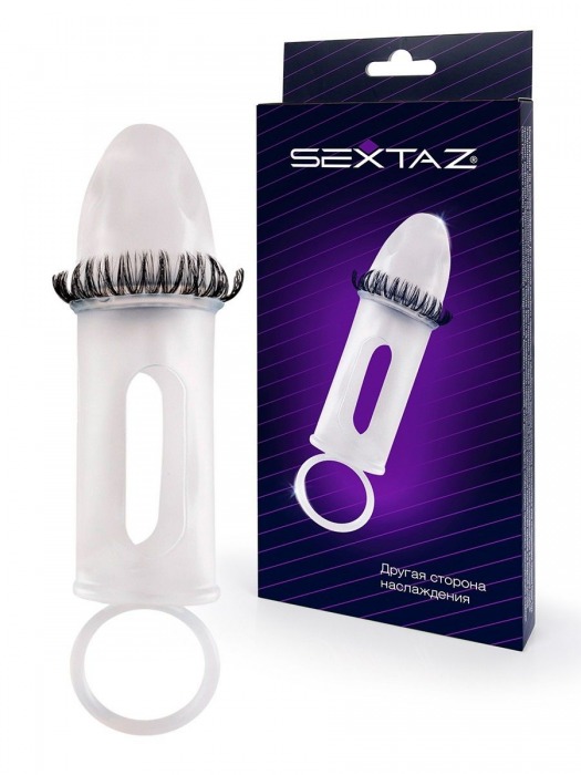 Закрытая насадка на пенис с подхватом мошонки и стимулирующими «ресничками» - Sextaz - в Комсомольске-на-Амуре купить с доставкой