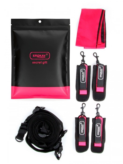 Черно-розовый эротический набор: фиксатор, оковы, наручники, повязка - Erokay - купить с доставкой в Комсомольске-на-Амуре