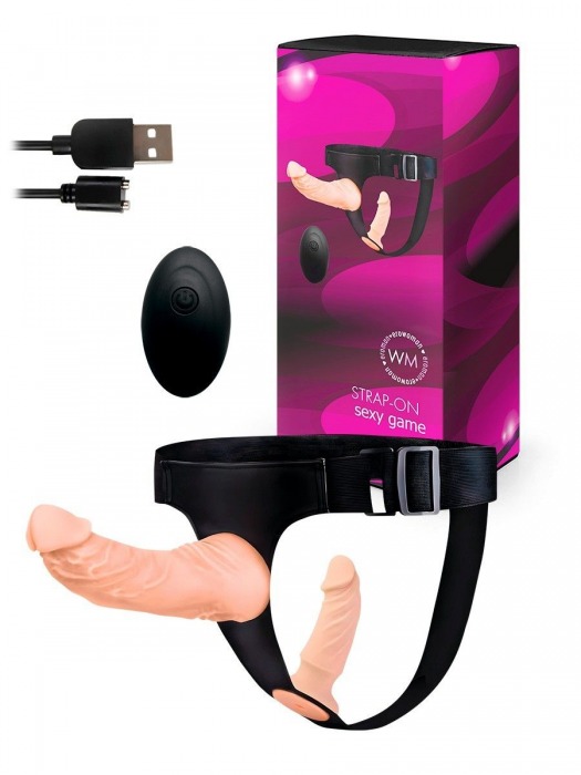 Женский страпон с 2 насадками, вибрацией и пультом ДУ - Erowoman-Eroman - купить с доставкой в Комсомольске-на-Амуре