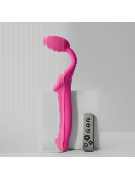 Ярко-розовый безремневой страпон Strap-on-me Vibrating Bendable Strap-On size M - Strap-on-me - купить с доставкой в Комсомольске-на-Амуре