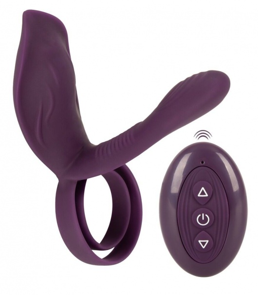 Фиолетовая насадка на член с клиторальным отростком и пультом ДУ RC Couple’s Vibrator 2 - Orion - в Комсомольске-на-Амуре купить с доставкой