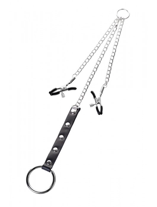 Серебристо-чёрные зажимы для сосков с кольцом для пениса TOYFA Metal - ToyFa - купить с доставкой в Комсомольске-на-Амуре